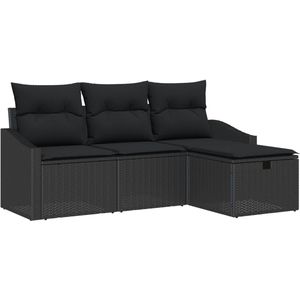 vidaXL - 4-delige - tuinsofa - set - met - kussens - zwart - poly - rattan
