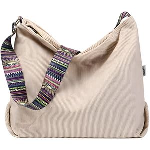 Dames Handtas - Corduroy Schoudertas - Grote Shopper Tote Bag - Geschikt voor School, Kantoor, Reizen en Winkelen - Beige