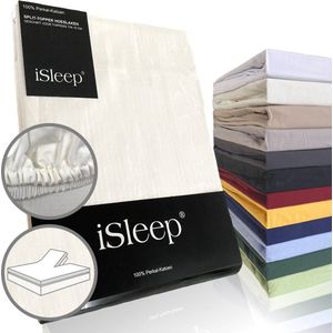 iSleep Perkal Split-Topper Hoeslaken - 100% Perkal Katoen - Rondom Elastiek - Tweepersoons - 160x200 cm - Licht Beige