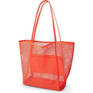 Grote strandtas voor dames, XL familie, strandtassen voor vrouwen, nettas strand met ritssluiting, binnenzak, opvouwbare lichte mesh strandtas, mand, klein, shopper, strand voor vrouwen, oranje,