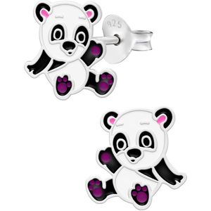 Oorbellen meisje | Zilveren kinder oorbellen | Zilveren oorstekers, vrolijke panda met paarse voetjes