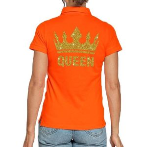 Koningsdag poloshirt / polo t-shirt Queen met gouden glitters oranje dames - Koningsdag kleding/ shirts S
