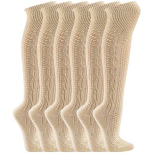Gebreide kniekousen | Krimpvrij | Kabelpatroon | Kleur: Beige | Maat: Diverse maten | 6 paar