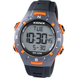 Xonix DBB-005 - Horloge - Digitaal - Unisex - Rond - Siliconen band - LCD - ABS - Cijfers - Achtergrondverlichting - Alarm - Start-Stop - Chronograaf - Tweede tijdzone - Zwart - Grijs - Oranje - Waterdicht - 10 ATM