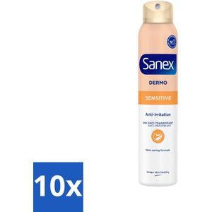 10 x Sanex - Deodorant Spray - Dermo Sensitive - Zachte Bescherming - 200 ml - Sanex Dermo Sensitive Deodorant Spray - Gevoelige Huid - Anti-transpirant Spray - Bio Response™ - Huidgezondheid