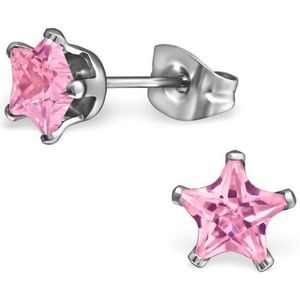 Aramat jewels ® - Oorbellen ster zweerknopjes zirkonia roze chirurgisch staal 6mm