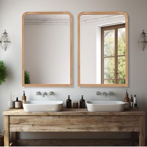 Gebogen wandspiegel met houten frame, 61 x 91 cm, grote spiegel voor badkamer, decoratieve spiegel voor entree, woonkamer of slaapkamer, woondecoratie