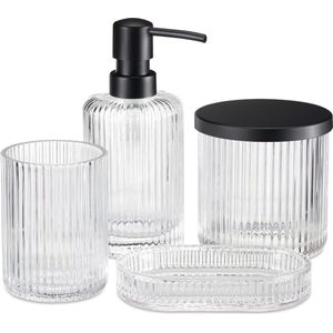 glazen badkamer accessoires set - Met zeepdispenser, zeepbakje, beker en glazen pot met deksel - 4-delig - Geribbeld glas - Transparant/zwart