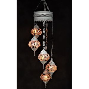 Hanglamp multicolour zilver glas mozaïek 5 bollen Turkse Oosterse Crèmewit  Marokkaanse kroonluchter