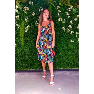 Dames jurk Heleen gebloemd motief zwart rood geel roze licht turquoise blauw strandjurk Maat 36-44