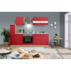 Goedkope keuken 240  cm - complete keuken met apparatuur Merle  - Eiken/Rood - soft close - elektrische kookplaat  - afzuigkap - oven  - spoelbak