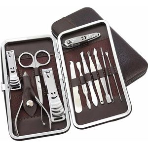 Luxe Manicure En Pedicureset - Manicureset - Reisset Met Lederen Etui - Pedicure Set - Nagel Verzorging Set - 12 Delig - Bruin