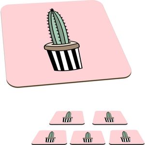Onderzetters voor glazen - Cactus - Design - Bloempot - Roze - 10x10 cm - Glasonderzetters - 6 stuks