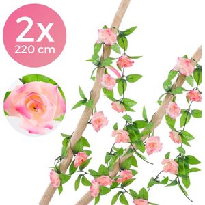 2 Stuks - Bloemenslinger Fiets Rozen Roze 4,5 Meter - 2x 220 Centimeter - Stijlvolle Bloemenstreng voor Fietsmand, Stuur, Balkon of Interieur - Rozen Bloemen - Plastic Kunstbloemen Fiets Slinger - Klimop met Rozen