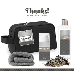 Geschenkset ""Thanks! Je bent een topper"" - 4 Producten - 400 Gram | Toilettas - Giftset voor hem - Luxe cadeaubox man - Douchegel - Bodylotion - Vader - Wellness - Pakket - Cadeau set - Bedankt - Thank You - Broer - Vriend - Collega - Zilver