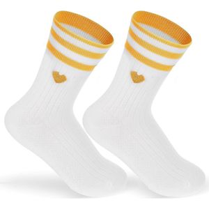 E-Ambar - Katoenen retro tennissokken dames 36-43, wit met hartjes, ademend, geel accent - Set van 2
