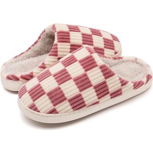 Katoenen pantoffels - pantoffels - Sloffen Dames - Fuzzy Dames Geheugenschuim Geruite Pantoffels Slip op Anti-Skid Zool Slaapkamer Wolk Huisslippers