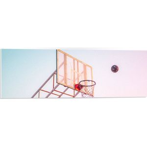 PVC Schuimplaat - Bal Vallend in Basket onder Blauwe Lucht - 90x30 cm Foto op PVC Schuimplaat (Met Ophangsysteem)