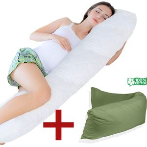 Ondersteunend Lichaamskussen + 1x katoenen kussensloop - 45 x 145cm - Groen - Body Pillow - Zwangerschapskussen - Body Pillow - Lichaamskussen - Voedingskussen - Zijslaapkussen - Sluimerrol - Afneembaar hoes premium body pillow lichaamskussen