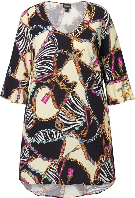 MIAMODA - Dames - Tuniek A-lijn luipaardprint V-hals met siersteentjes - Zwart - Maat 42