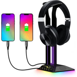 Koptelefoonstandaard voor gamingbureau met RGB-verlichting en USB-poorten - Headsethouder en displaystandaard voor gamer desktop en tafelspelaccessoires .