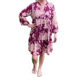 Jurk, gebloemd, paars-beige, one size