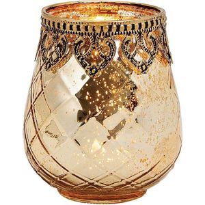 Waxinelichthouder/theelichthouder gerookt glas met metalen rand - goud - 10 x 9 cm - Antiek/Oosters