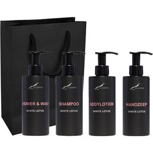 Compleet pakket White Lotus - Shower & Wash + Shampoo + Bodylotion + Handzeep - 300 ml per fles - complete set van 4 stuks - met luxe gift tas - cadeau - giftset voor hem en haar