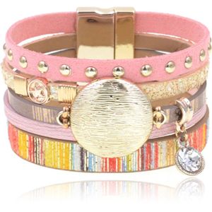 Roze multicolor leren dames armband Ibiza stijl met bedels en studs