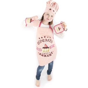 Tiseco Kinderset Keukenschort – Katoen – Cupcakes - Set Inclusief Keukenschort Koksmuts Pannenlap en Ovenwant