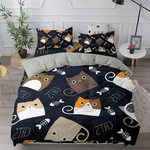 Kattendekbedovertrekset eenpersoonsmaat: Cartoon dier bedrukt - Zwart en grijs - Zacht microvezel - Onderhoudsvriendelijk - 135 x 210 cm
