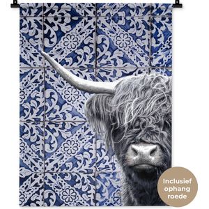 Wandkleed - Wanddoek - Schotse hooglander - Delfts blauw - Zwart - Wit - 60x80 cm - Wandtapijt