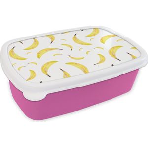 Broodtrommel Roze - Lunchbox - Brooddoos - Bananen - Fruit - Wit - 18x12x6 cm - Kinderen - Meisje