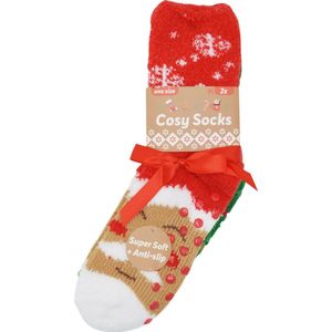 Huissokken Dames - Fluffy Kerst sokken - antislip - 2 PAAR - Rood & Groen - zeer zacht - verwarmende gripsokken - bedsokken - kerstcadeau voor vrouwen