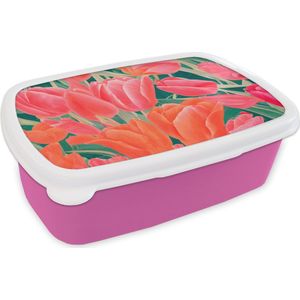Broodtrommel Roze - Lunchbox - Brooddoos - Tulpen - Bloemen - Roze - Rood - Kunst - 18x12x6 cm - Kinderen - Meisje