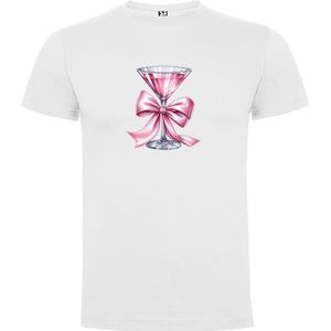 Wit T-Shirt met “Roze Cocktail Martini - Strik“ Print Full Color Maat S