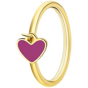 Lucardi Kinder Stalen goldplated ring met hart emaille fuchsia - Ring - Staal - Goudkleurig - 16 / 50 mm