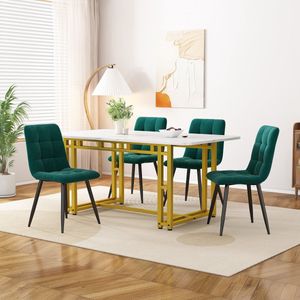 Sweiko Gouden Eettafel Set met 4-stoelen, moderne keuken eettafel set, donkergroen fluweel eettafel stoelen, gouden ijzeren poot tafel, 120x70cm