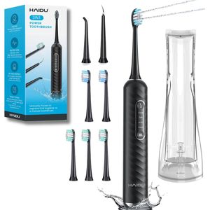 HAIDU 3 in 1 Elektrische Tandenborstel – 3 Verschillende Opzetstukken – 5 Opzetborstels – 180ml Waterreservoir – Zwart – Premium Bundel
