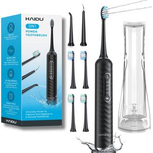 HAIDU 3 in 1 Elektrische Tandenborstel – 3 Verschillende Opzetstukken – 4 Opzetborstels – 180ml Waterreservoir – Zwart