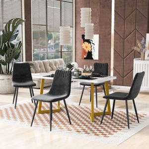 Sweiko Eettafel en stoel set (1+4), Wit gouden poot eettafel set, 4 Zwart fluweel eettafel stoelen, moderne eettafel en stoel set, marmer MDF eettafel met elegante stoelen