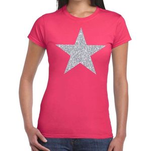 Zilveren ster glitter t-shirt fuchsia roze dames - shirt glitter ster zilver M
