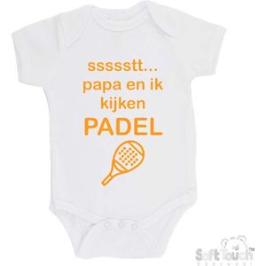 100% katoenen Romper ""ssssstt.. Papa en ik kijken Padel"" Padellen Unisex Katoen Wit/mosterd Maat 62/68