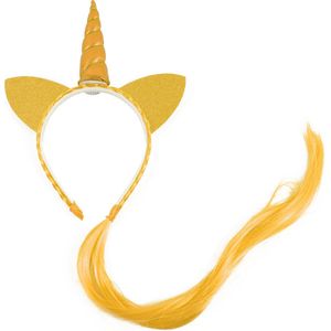 KIMU Eenhoorn Haarband Haar Goud - Unicorn Diadeem Met Oortjes - Gele Hoorn Nephaar Glitter Goudlokje Vlecht Geel Extensions Festival