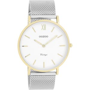 OOZOO Timepieces - Goudkleurige horloge met zilverkleurige metalen mesh armband - C20116