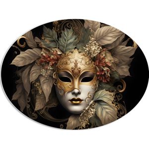 PVC Schuimplaat Ovaal - Venetiaanse carnavals Masker met Gouden en Beige Details tegen Zwarte Achtergrond - 80x60 cm Foto op Ovaal (Met Ophangsysteem)