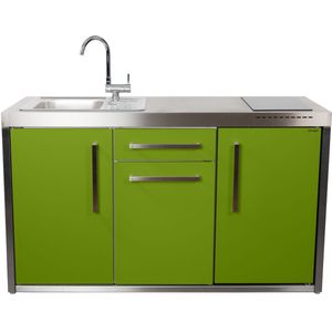 Minikeuken BeNeLux Stengel MO150 S voorgemonteerde metalen outdoor keuken met koelkast - inductie kookplaat - water en electriciteits aansluiting inclusief alle toebehoren Appel Groen