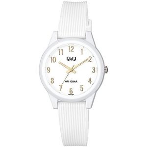 Q&Q VS13J008Y - Horloge - Sport - Analoog - Dames - Vrouwen - Plastic band - Rond - Cijfers - Kunststof - Wit - Goudkleurig - 10 ATM