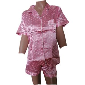 Dames - Shortama - 2 Delig - Blouse korte mouwen/Korte broek - Kleur Roze - All over print met hartjes - Maat XXL/44