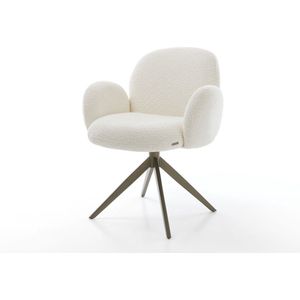 Eetkamerstoel Nube-Flex met armleuning kruisframe breed afwerking met titanium bouclé wit 360° draaibaar pocketveer kern